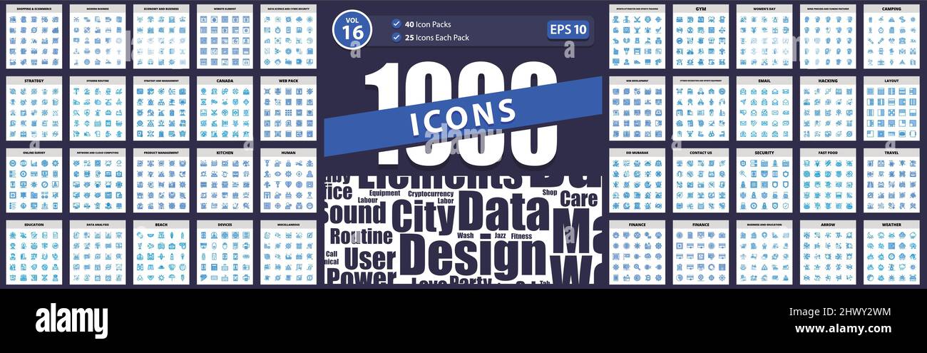 1000 Business Icon Pack Blue Style corporate development and business management, web and social media, arrow, interior, ui essentials Stock Vector
