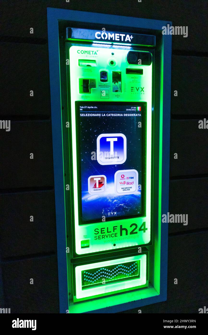 cigarette machine italy Florence, Italy, Close up, 24 Hour Vending Machine for Cigarettes on Sale,  on Street display, self service, access for minors Stock Photo