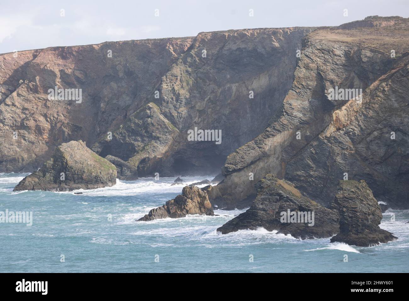 Stormy Conditions off of St Agnes Coast, in Cornwall, United Kingdom. Fulmers are the main amount of wildlife which live here. Stock Photo