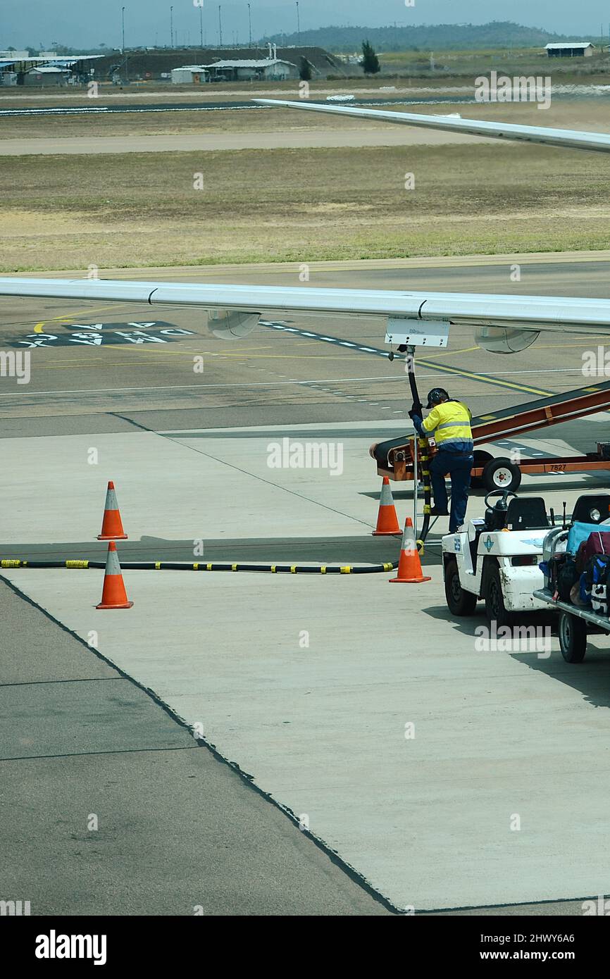 Passenger Jet getting refuelled, rising fuel prices, fuel crisis Stock Photo