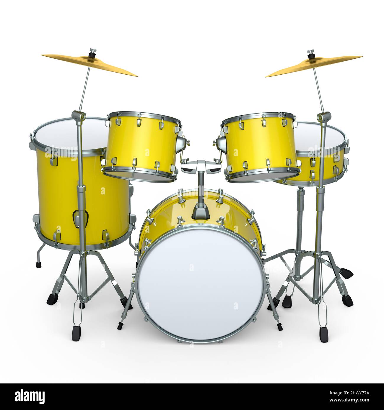 Set of realistic drums with metal cymbals on white background. 3d