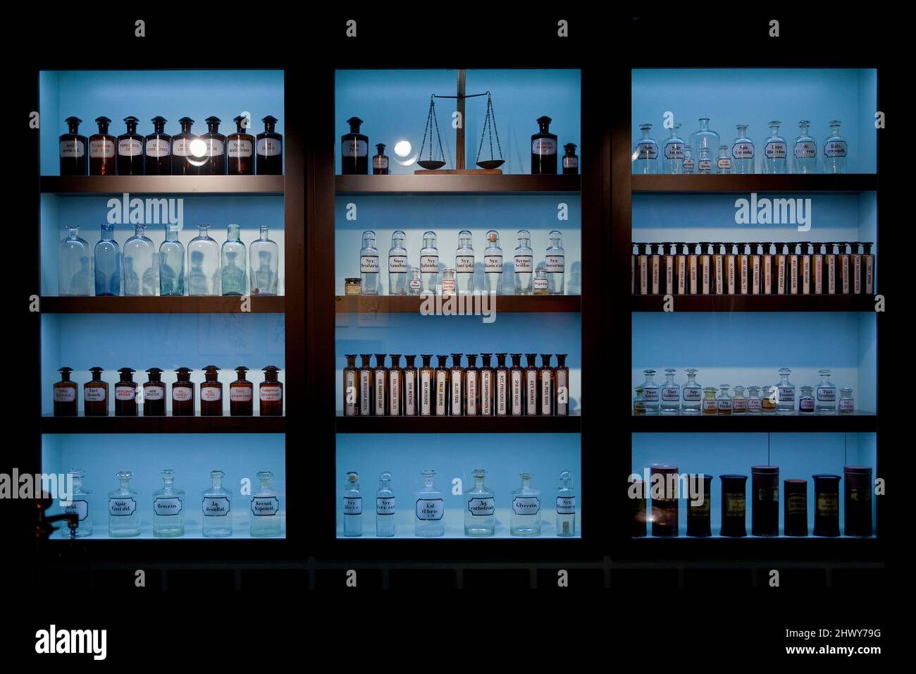 Absinthe related display case in the Maison de l'Absinthe in Môtiers, Switzerland Stock Photo