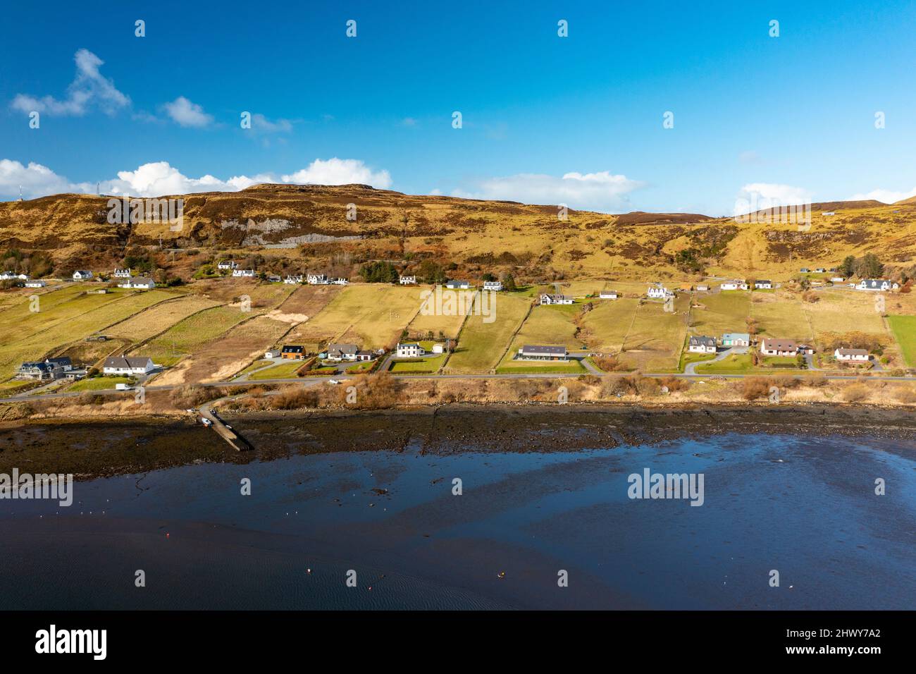 Aerial view from drone of village and ferry terminal at Uig on the Isle of Skye, Scotland, UK Stock Photo