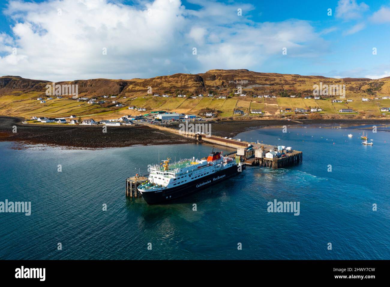 Aerial view from drone of village and ferry terminal at Uig on the Isle of Skye, Scotland, UK Stock Photo