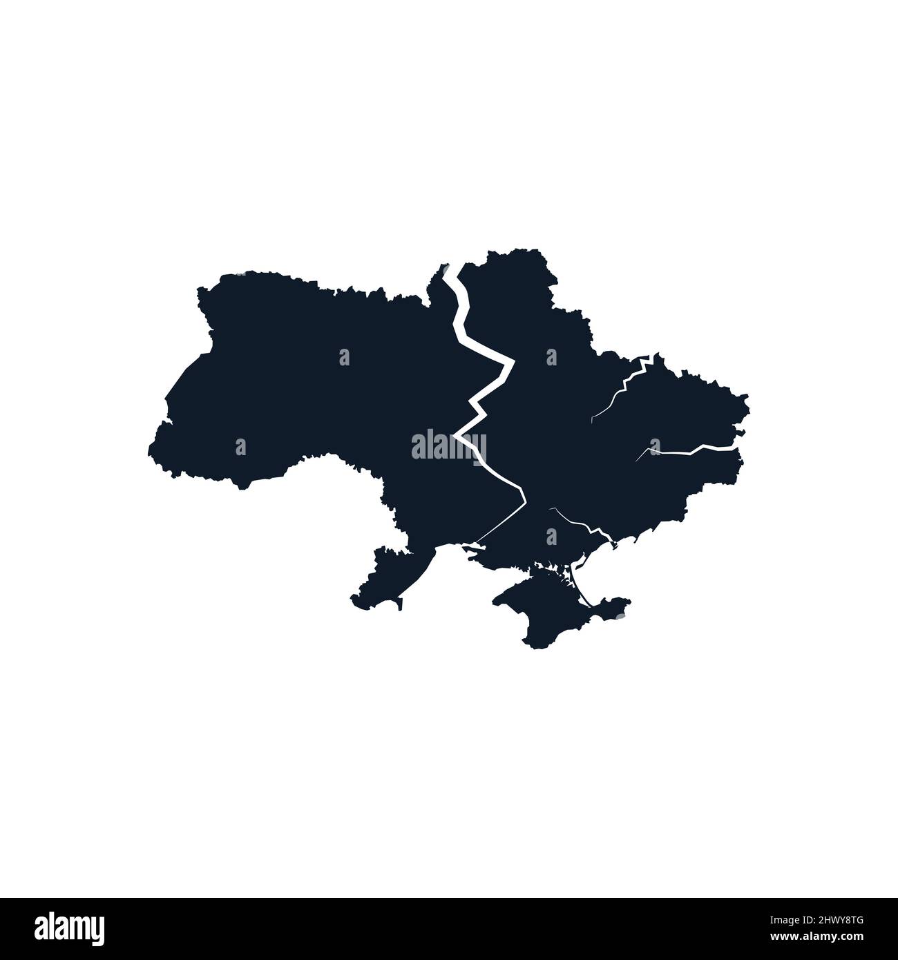 Crack on the map of Ukraine - decline, ruin, collapse, failure, disintegration and decimposition of Ukrainian country and state. Stock vector Stock Vector