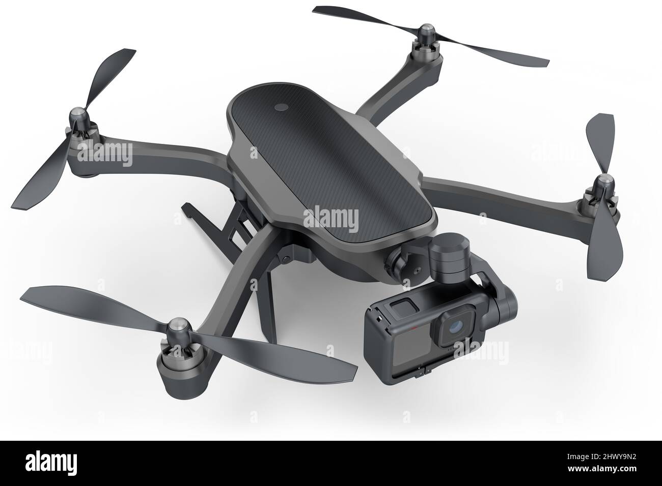 Flying photo and video drone or quadcopter with action camera isolated ...