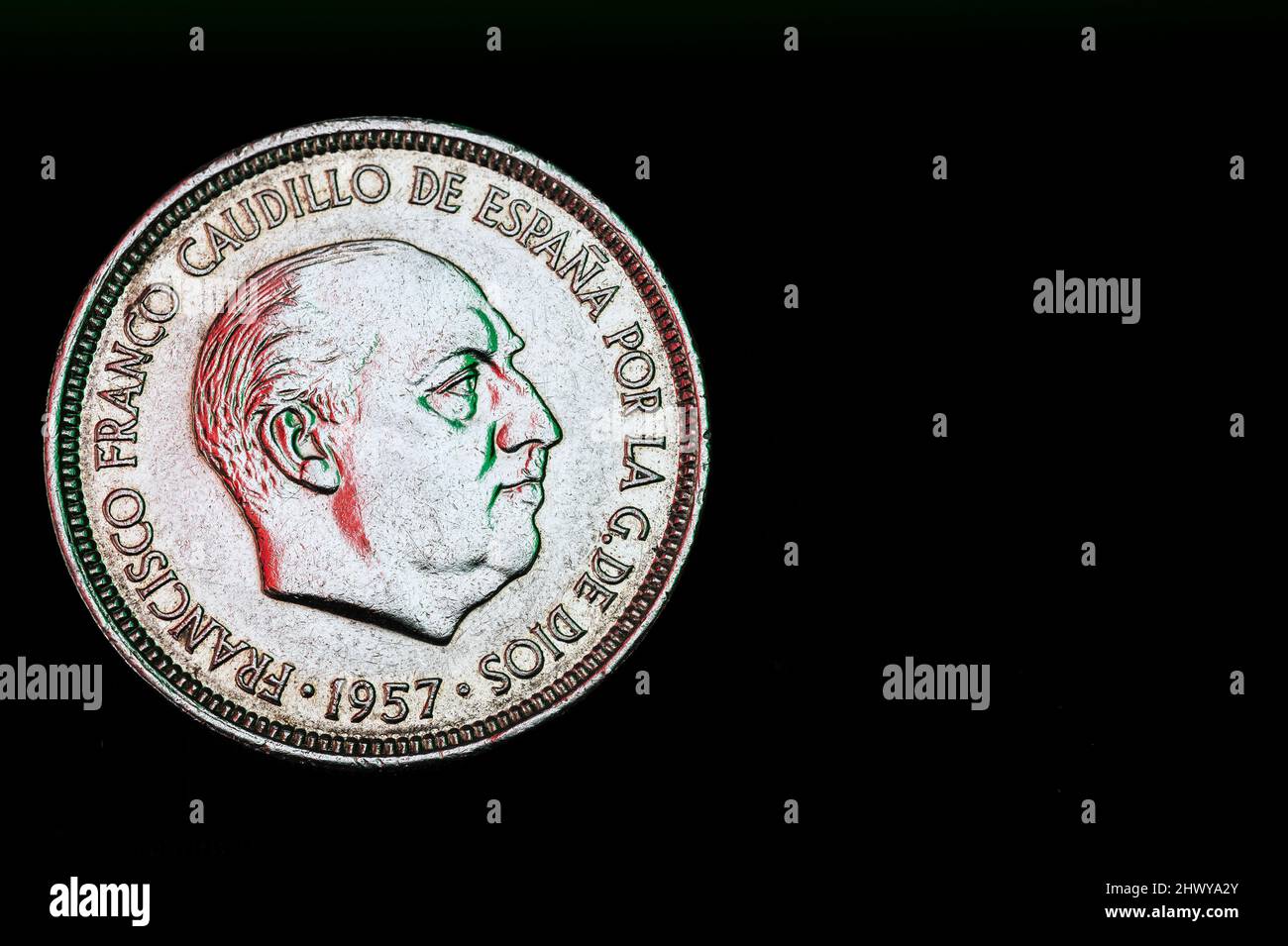 Francisco Franco Five Pesetas Coin 1957 Obverse Reverse Close Up Copy Space Black Background Stock Photo