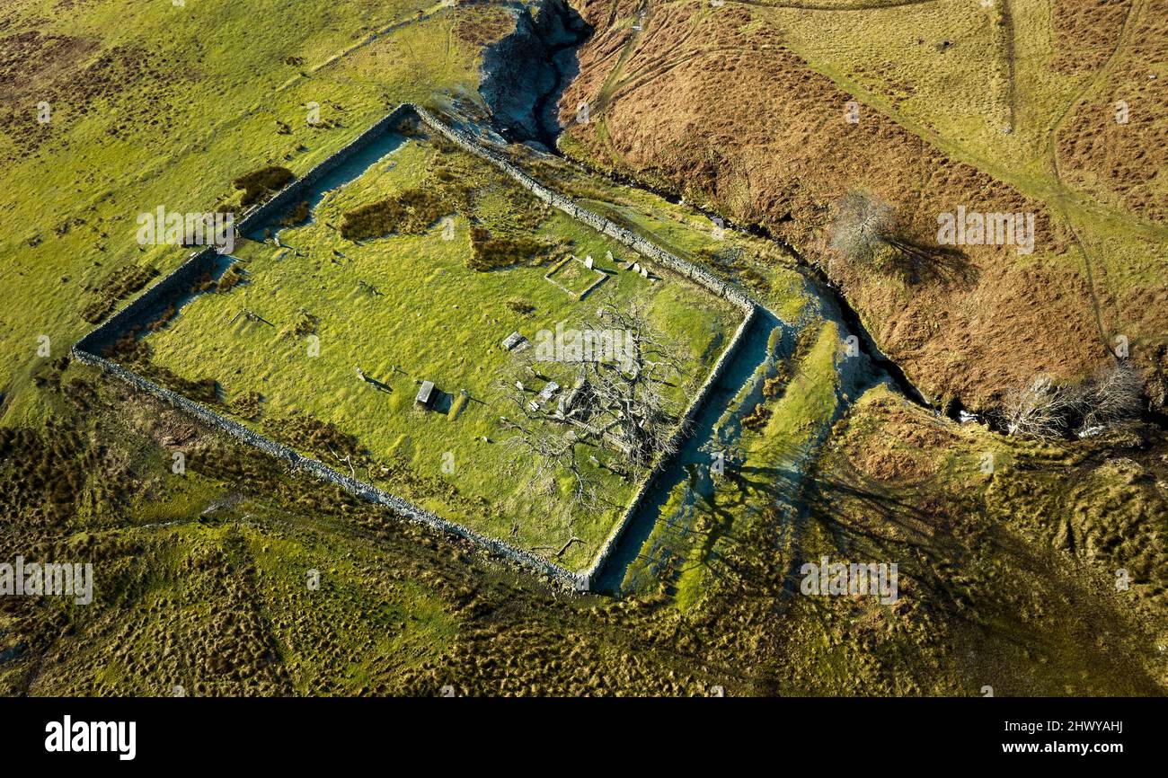 Aerial view of St. Mary's Kirkyard by St.Mary's Loch in the Scottish Borders. Stock Photo