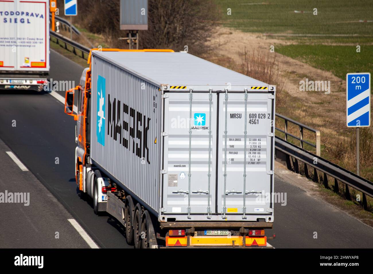 Truck with MAERSK container on the A 61 motorway near Ludwigshafen (Rhineland-Palatinate, Germany, March 08, 2022) Stock Photo