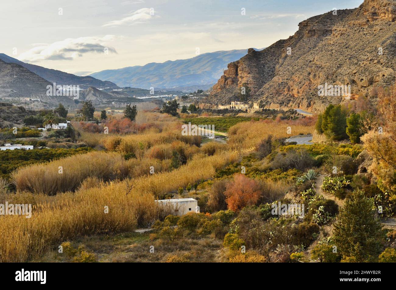 Rio Andarax dry riverbed, valley with agricultural crops between Sierra Nevada and Sierra de los Filabres mountain ranges, Almeria southern Spain. Stock Photo