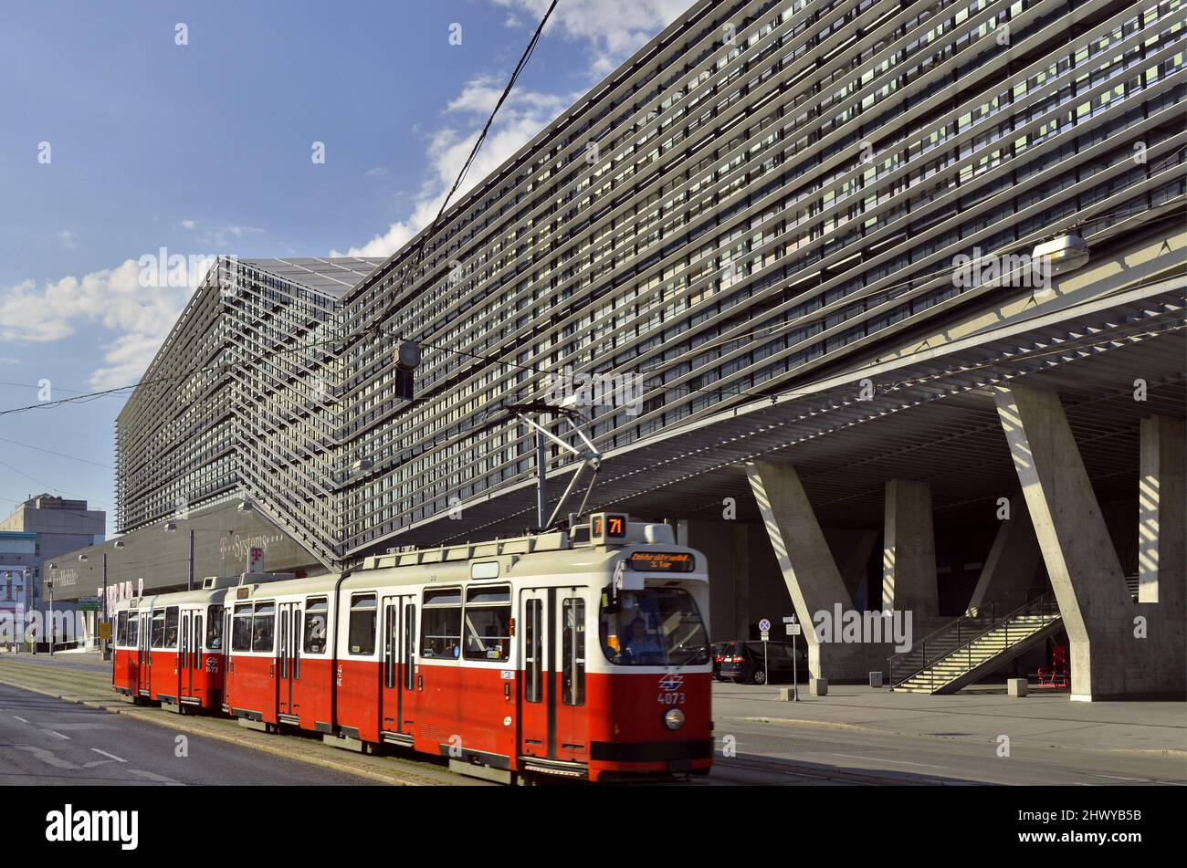 Tram passing by T-Center building, modern office development located in Landstraße Vienna Austria. Stock Photo
