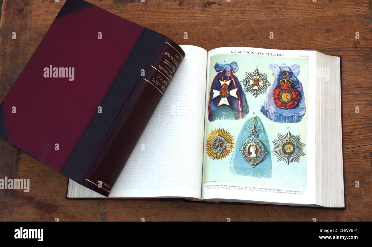 Encyclopedia Britannica Eleventh Edition Showing Pages on Knighthood and Chivalry Medals Stock Photo