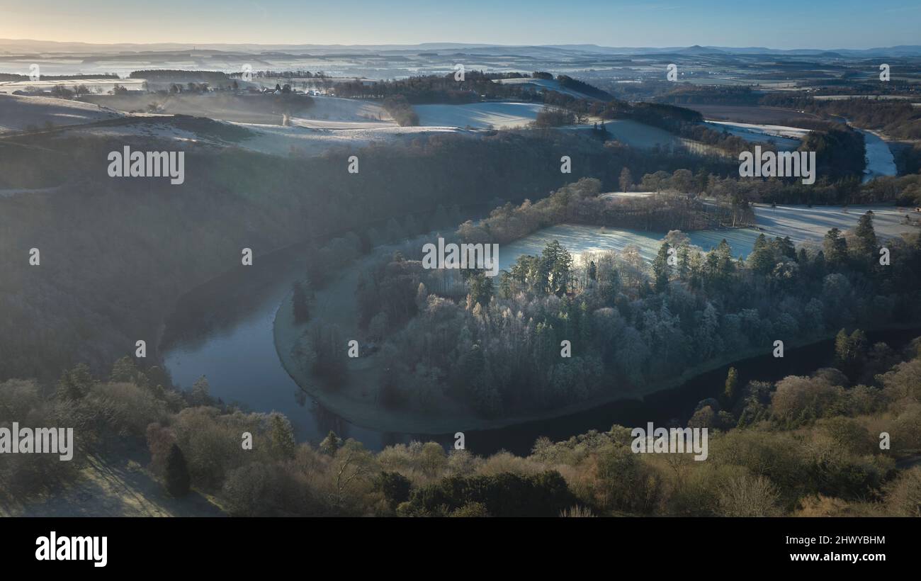 Aerial view of the River Tweed above Scott's View in the Scottish Borders on a frosty morning in March. Stock Photo