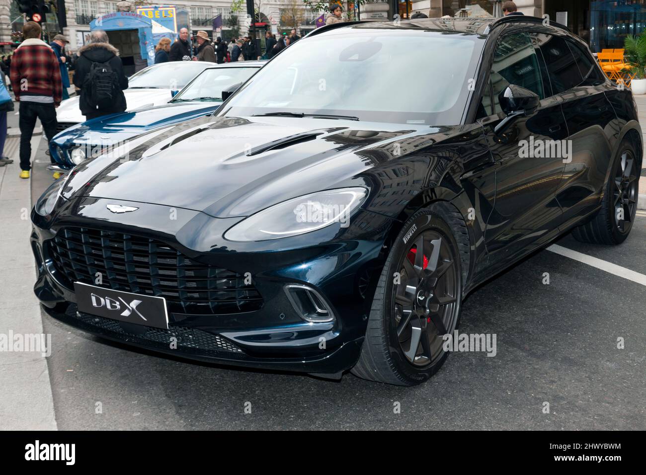 Three-quarter front view of an Aston Martin DBX,  on display at the 2021 Regents Street Motor Show Stock Photo