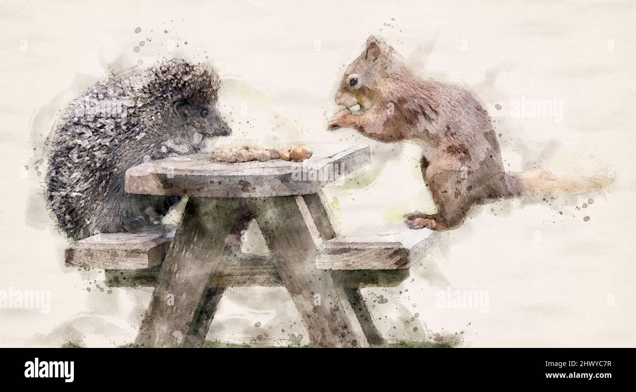 A watercolour effect of a hedgehog and a red squirrel eating from a wooden picnic table Stock Photo