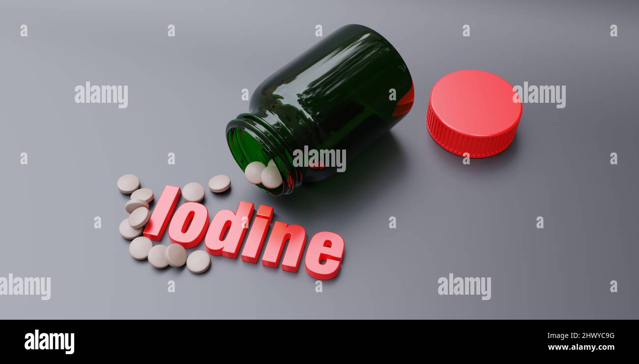 Iodine pill out of a bottle on grey background. Potassium iodide, KI or stable iodine tablet for nuclear accident protection. Red color text. 3d rende Stock Photo