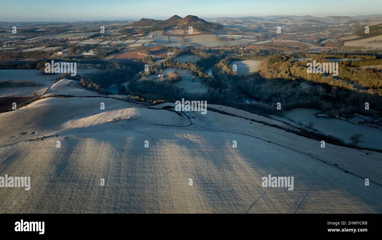 Aerial view of the River Tweed and Eildon Hills from above Scott's View on a frosty winters morning. Stock Photo