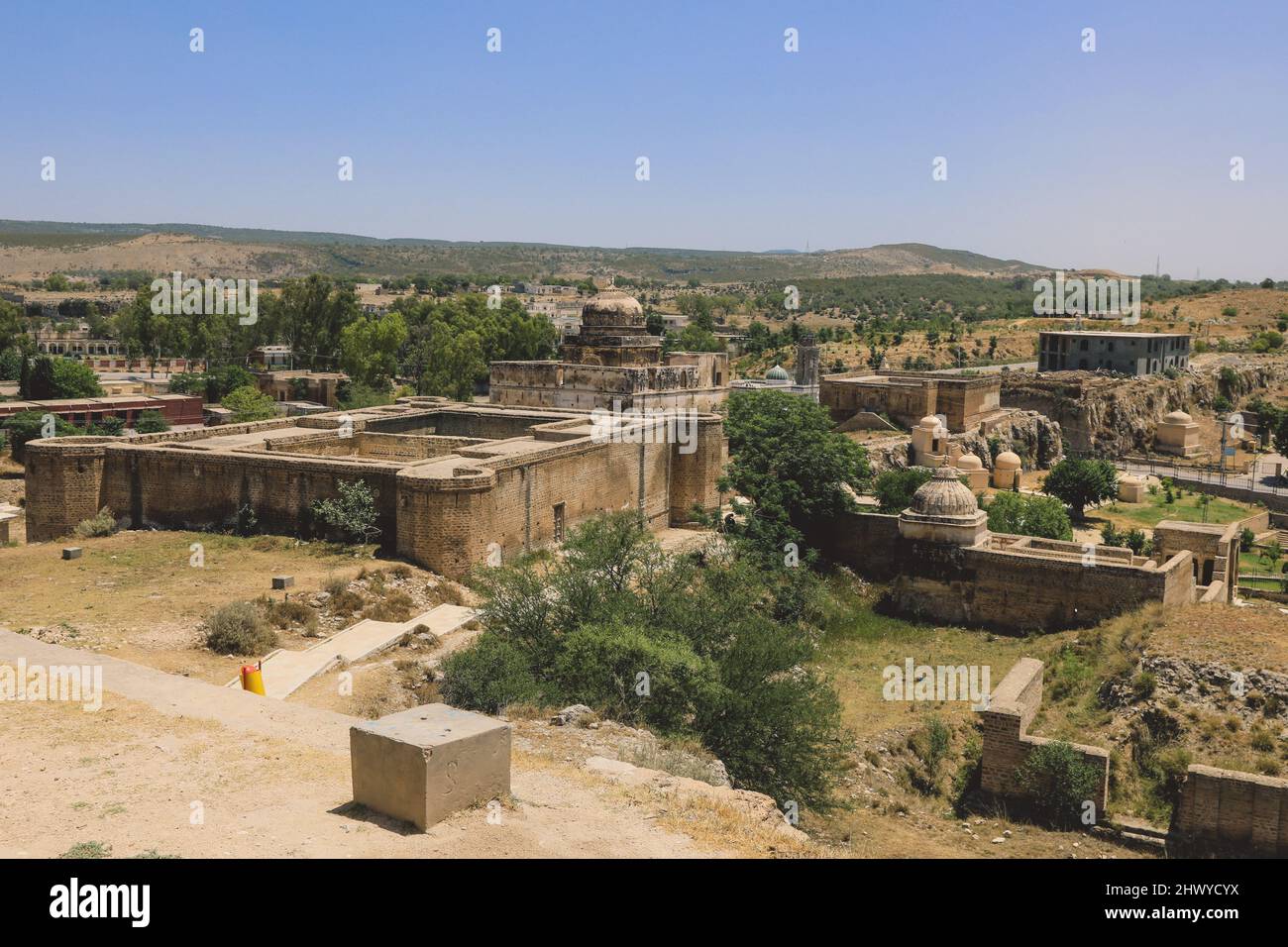Panoramic View to the Ruins of the Shri Katas Raj Temples, also known as Qila Katas, complex of several Hindu temples in Punjab province, Pakistan Stock Photo