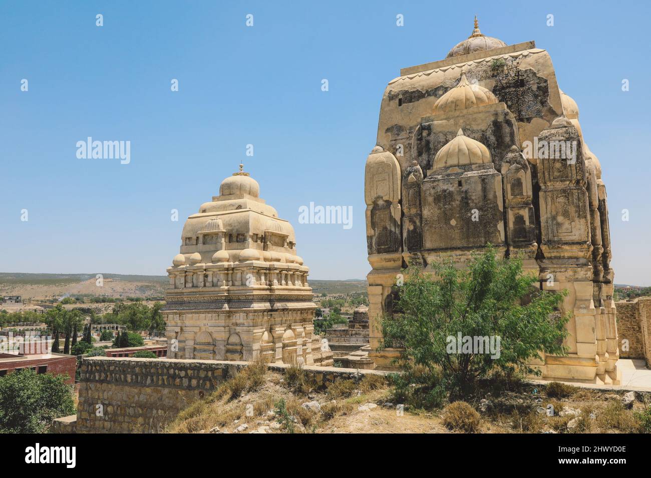 Panoramic View to the Ruins of the Shri Katas Raj Temples, also known as Qila Katas, complex of several Hindu temples in Punjab province, Pakistan Stock Photo