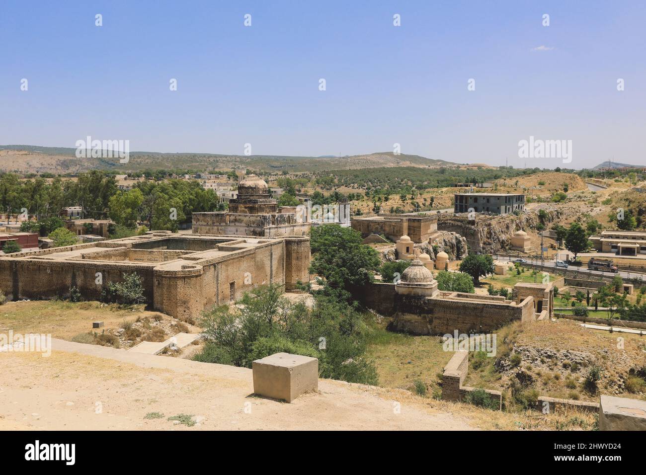 Panoramic View to the Ruins of the Shri Katas Raj Temples, also known as Qila Katas, complex of several Hindu temples in Punjab province, Pakistan Stock Photo