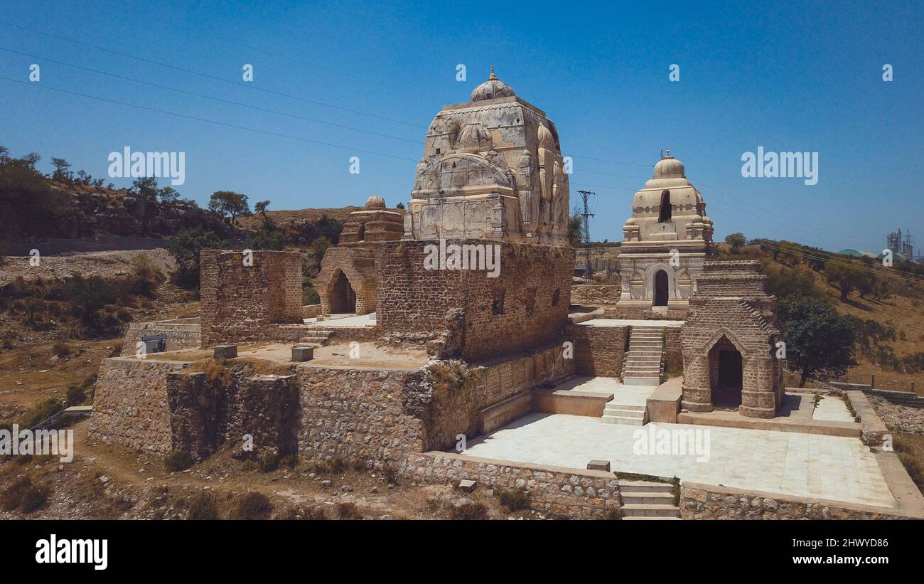 Aerial View to the Ruins of the Shri Katas Raj Temples, also known as Qila Katas, Pakistan Stock Photo