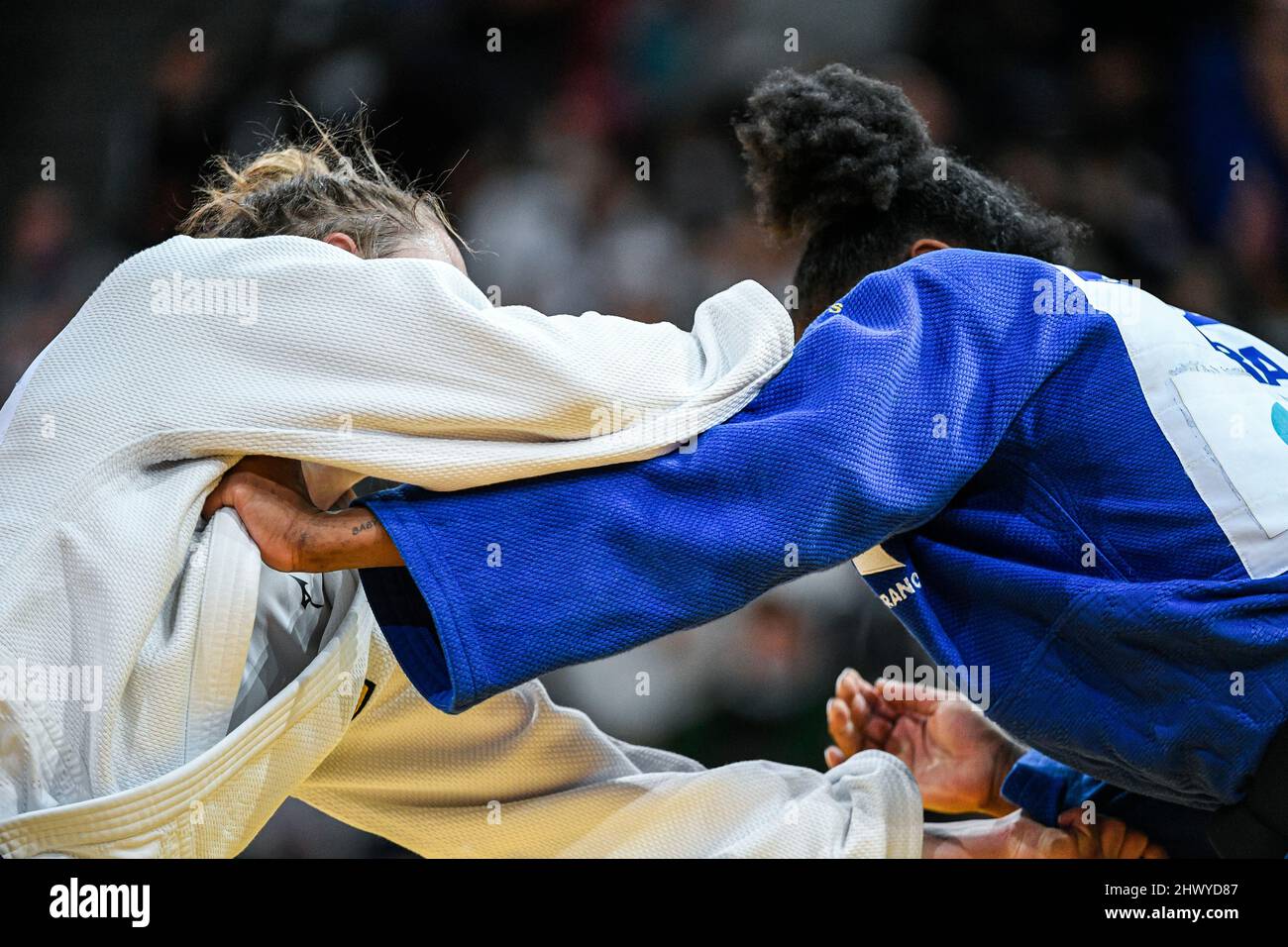 Close-up (illustration) of two judokas fighting on the kumi kata during the Paris Grand Slam 2022, IJF World Judo Tour on February 6, 2022 at Accor Arena in Paris, France - Photo Victor Joly / DPPI Stock Photo