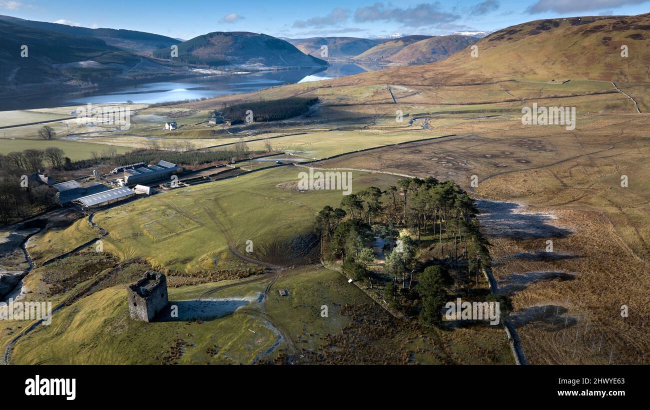 Aerial view of DryhopeTower a 16th century Peel Tower by St.Mary's Loch in the Scottish Borders. Stock Photo