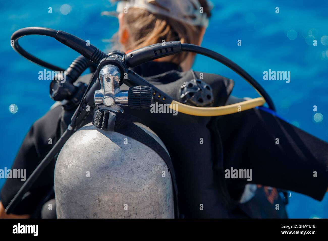Closeup of diving equipment oxygen cylinder for underwater Stock Photo