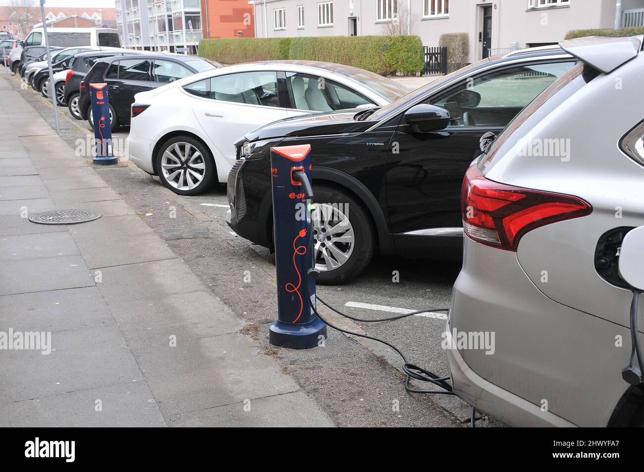 Copenhagen/Denmark./08 March 2022/.Electric cars charge at eon charge