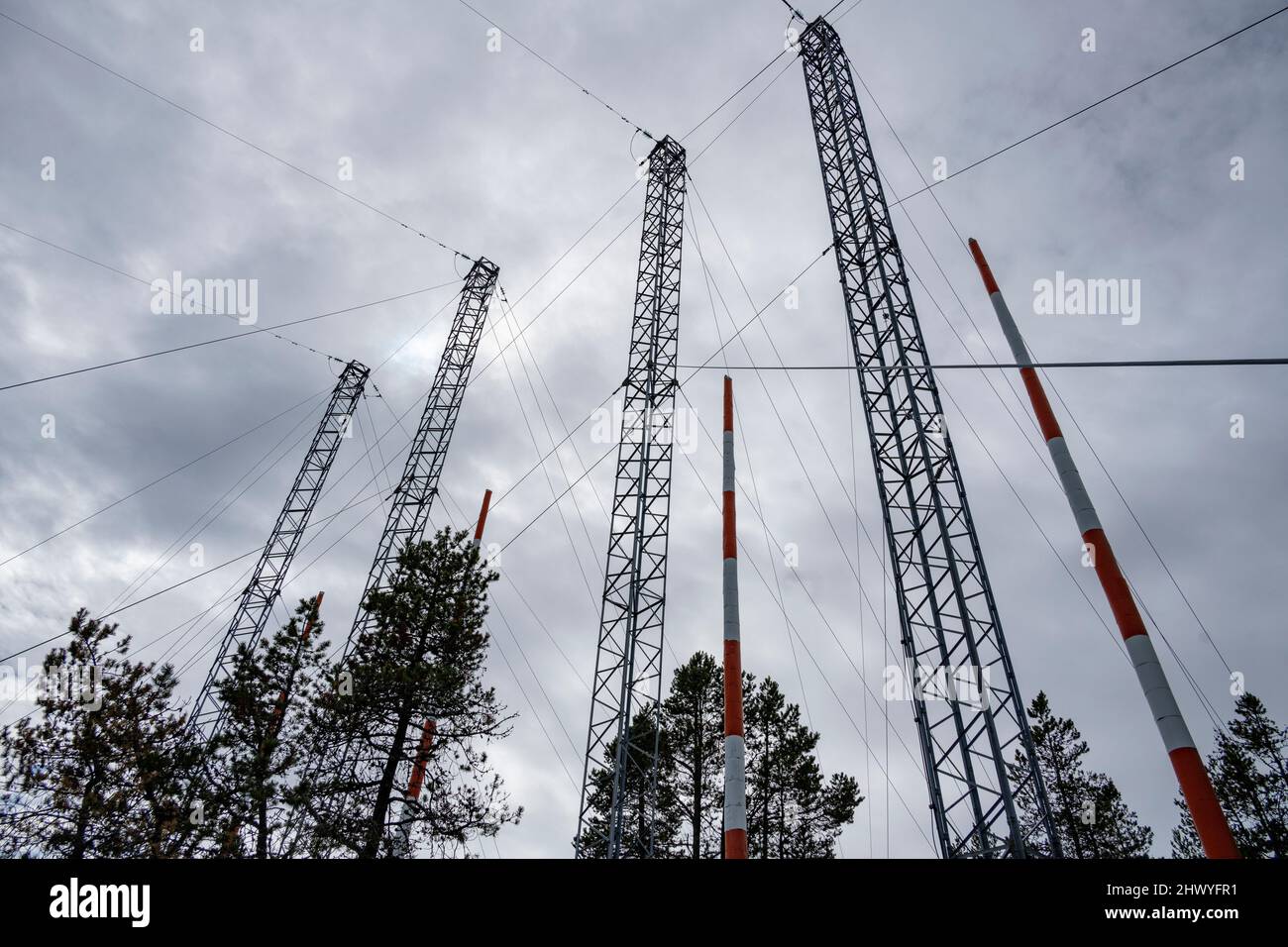 Communication Towers in the forest, Ripple Rock Hiking Trail, Seymore Narrows, Vancouver Island, British Columbia, Canada Stock Photo