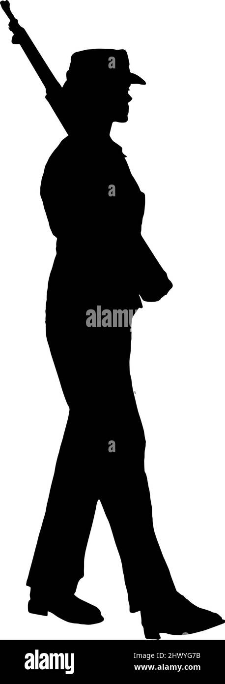 Female Soldier marching, silhouette in black on white background Stock Vector