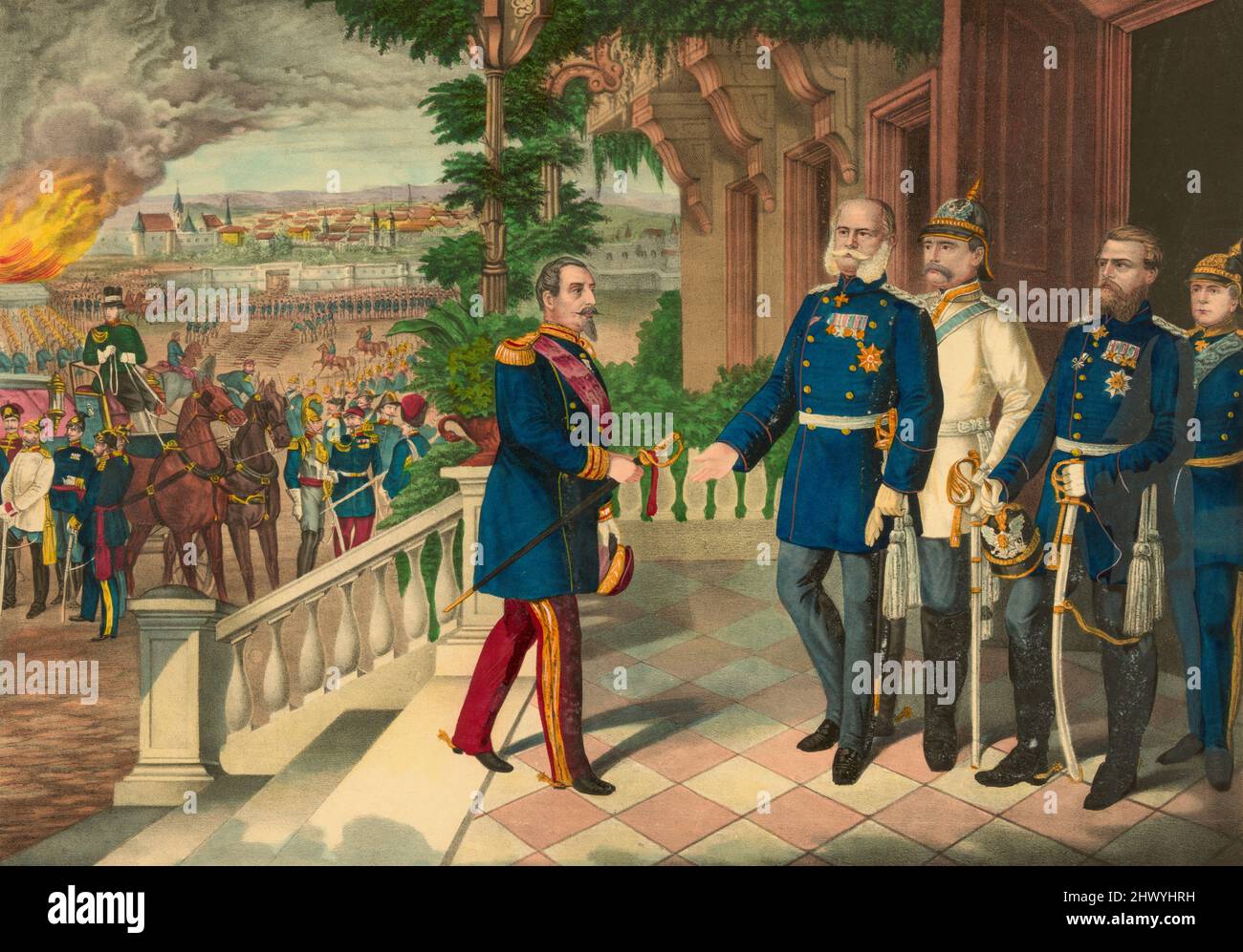 The surrender of Emperor of the French Napoleon III to the Prussians after the Battle of Sedan during the Franco-Prussian War aka Franco-German War of 1870. Louis-Napoléon Bonaparte, 1808 –1873. The only president (1848–52) of the French Second Republic and, as Napoleon III, the Emperor (1852–70) of the Second French Empire.  In the picture Napoleon presents his sword to King Wilhelm I (William I), King of Prussia. Stock Photo