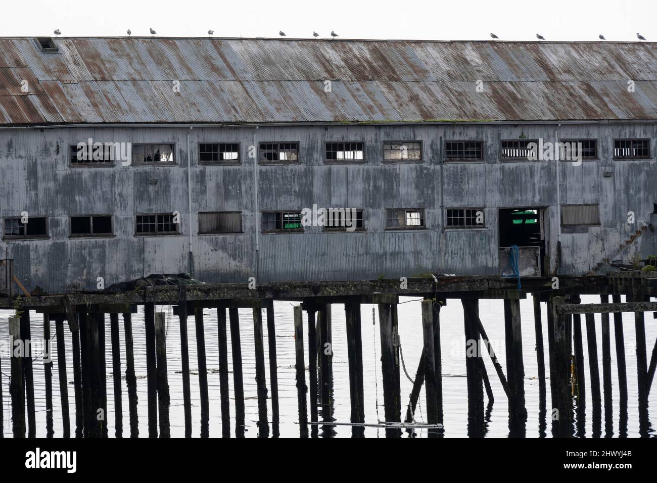 Dilapidated building on a pier, Alert Bay, Cormorant Island, Johnstone Strait, Vancouver Island, British Columbia, Canada Stock Photo