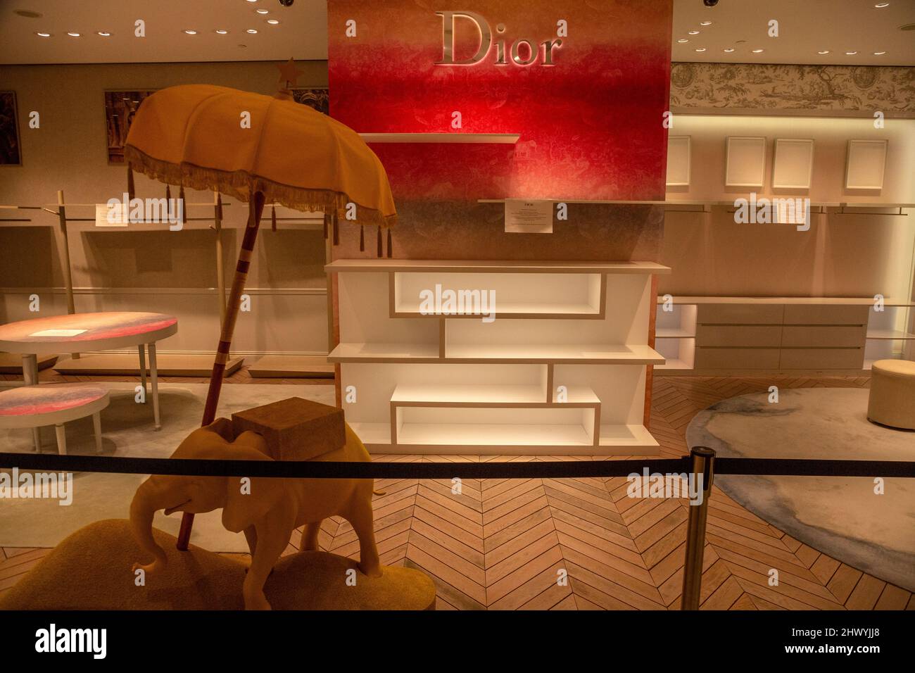Moscow, Russia. 8th of March, 2022 A closed DIOR shop at the TsUM  Department Store in central Moscow. Stores of the luxury chains Gucci,  Prada, Louis Vuitton, Dior, David Yurman, Patek Philippe