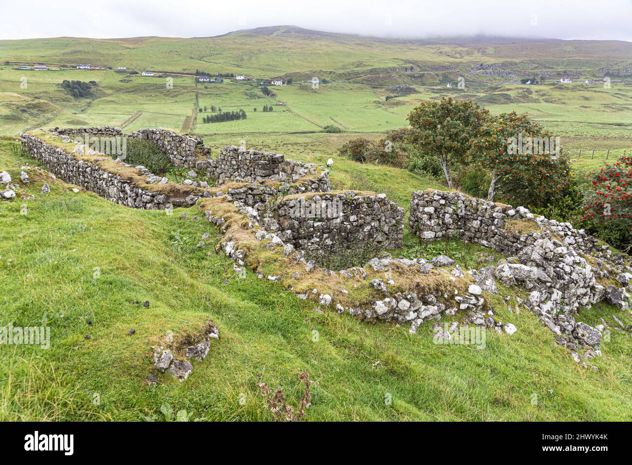 The ruins of a croft and barn in Glen Uig in the north of the Isle of Skye, Highland, Scotland UK. Stock Photo