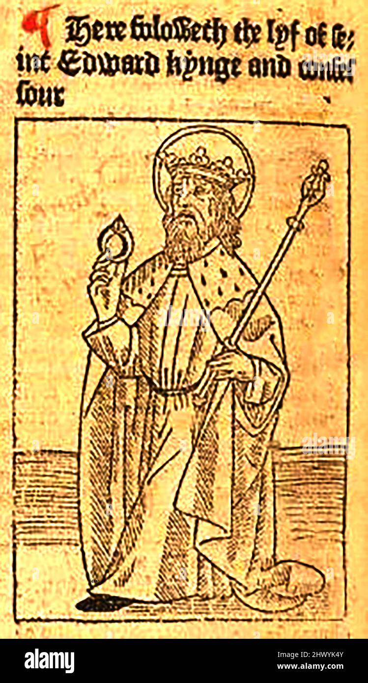 15th century woodcut showing St Edward (King Edward the Confessor), printed by William Caxton ( 1422-1491/92) in his translation of  'The Golden Legend' or  'Thus endeth the legende named in Latyn legenda aurea that is to saye in Englysshe the golden legende' by Jacobus, de Voragine, (Circa 1229-1298). Stock Photo