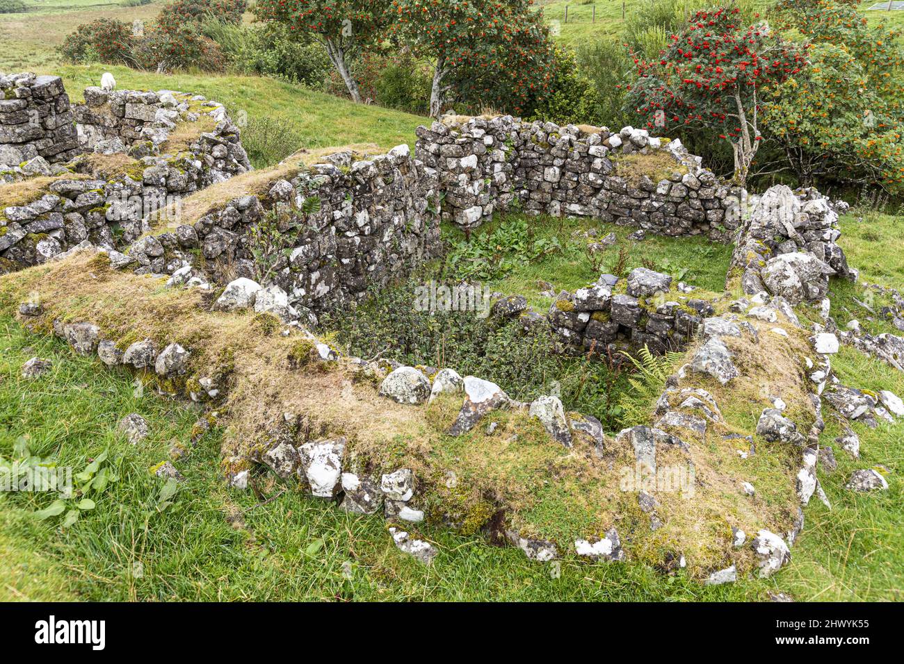 The ruins of a croft in Glen Uig in the north of the Isle of Skye, Highland, Scotland UK. Stock Photo