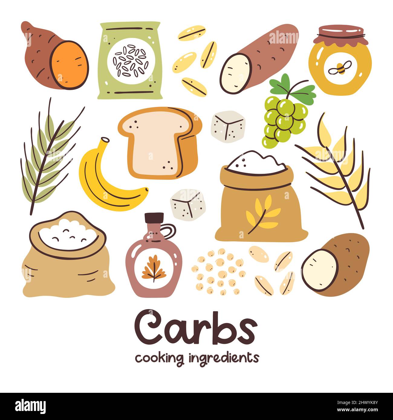 High carbohydrate foods. Cooking ingredients collection. Bread, rice