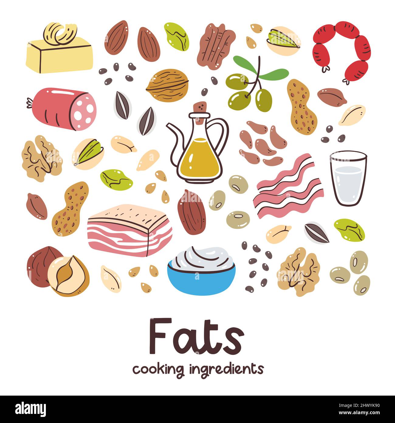 High fat foods. Cooking ingredients collection. Dairy product, meat, nuts, olive oil. Healthy balanced diet. Stock Vector