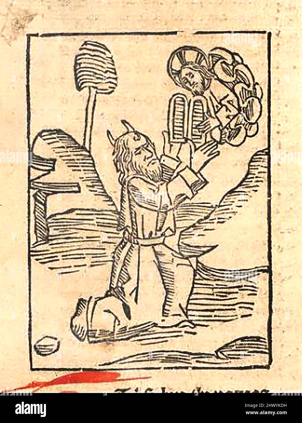 15th century woodcut showing the The Devil aka Lucifer confronting an angel carrying a harp, printed by William Caxton ( 1422-1491/92) in his translation of  'The Golden Legend' or  'Thus endeth the legende named in Latyn legenda aurea that is to saye in Englysshe the golden legende' by Jacobus, de Voragine, (Circa 1229-1298). Stock Photo