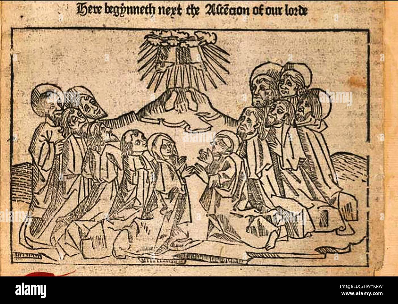 15th century woodcut showing the the ascension of Christ into heaven, printed by William Caxton ( 1422-1491/92) in his translation of  'The Golden Legend' or  'Thus endeth the legende named in Latyn legenda aurea that is to saye in Englysshe the golden legende' by Jacobus, de Voragine, (Circa 1229-1298). the Christian teaching that Christ physically departed from Earth by rising into Heaven, in the presence of eleven of his apostles. Stock Photo