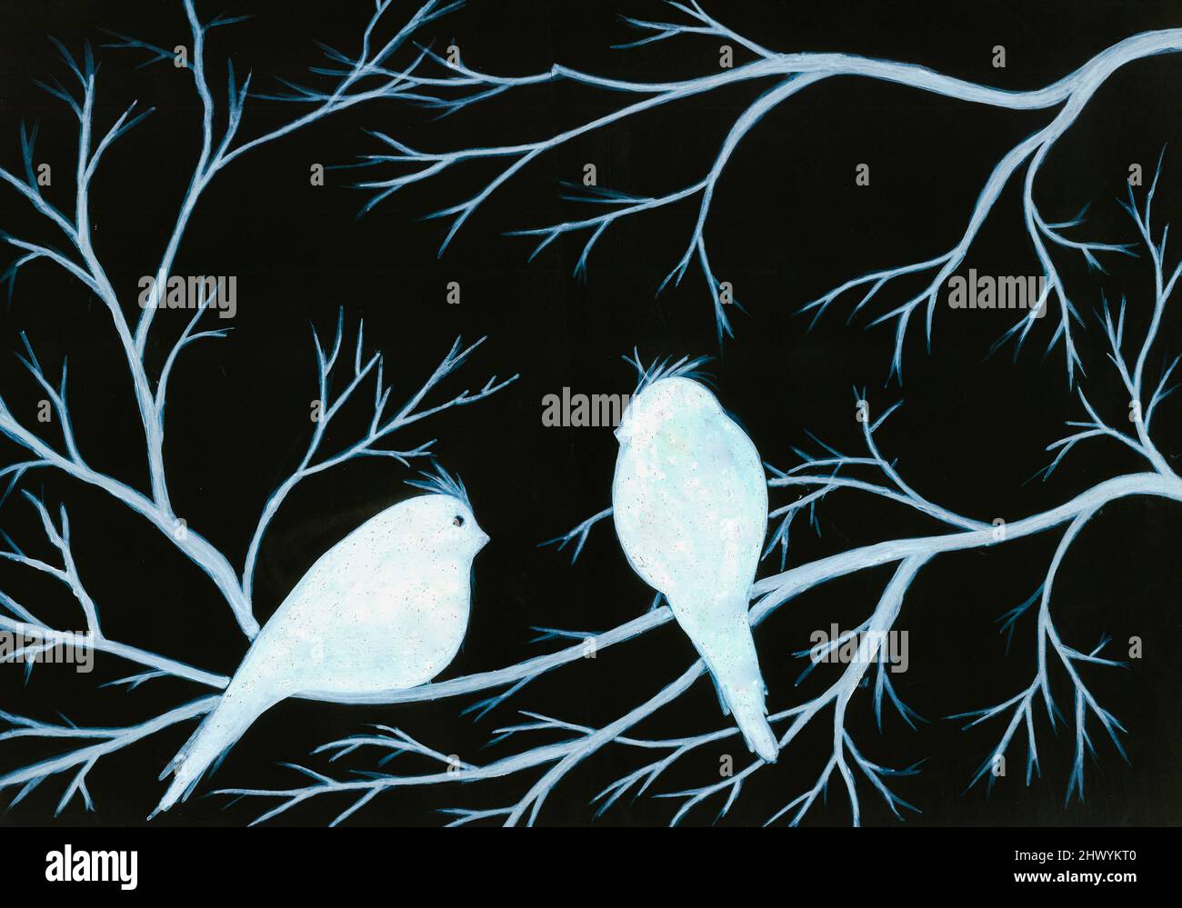 Two white birds and white branches on black background. Acrylic painting Stock Photo - Alamy Two white birds and white branches on black background. Acrylic painting Stock Photo - Alamy