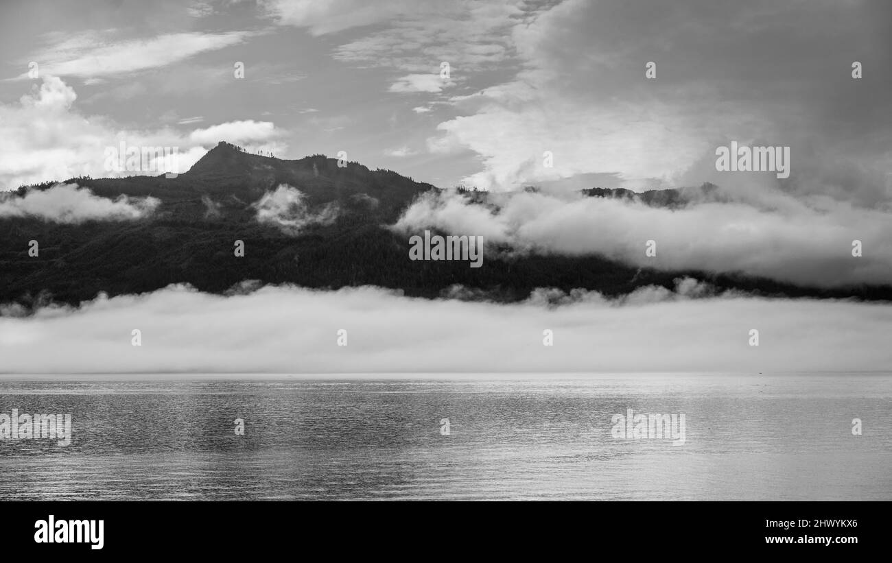 Shoreline along Cormorant Island (Alert Bay) to Port McNeil, Johnstone Strait, Vancouver Island, British Columbia, Canada Stock Photo