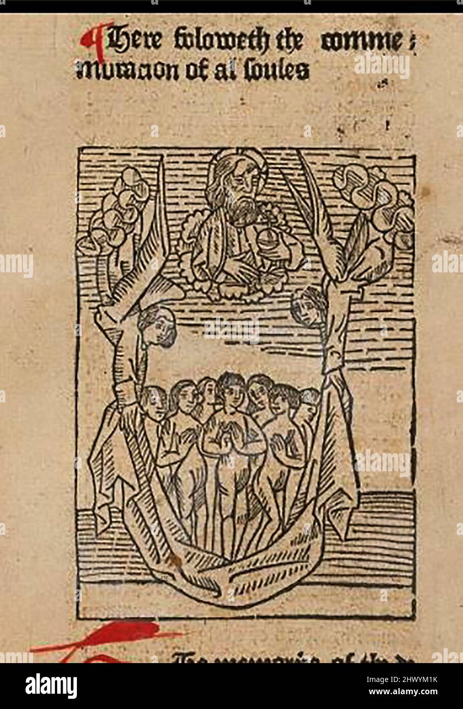 15th century woodcut showing the weighing of souls on All Hallows Eve (Halloween) printed by William Caxton ( 1422-1491/92) in his translation of  'The Golden Legend' or  'Thus endeth the legende named in Latyn legenda aurea that is to saye in Englysshe the golden legende' by Jacobus, de Voragine, (Circa 1229-1298). Stock Photo