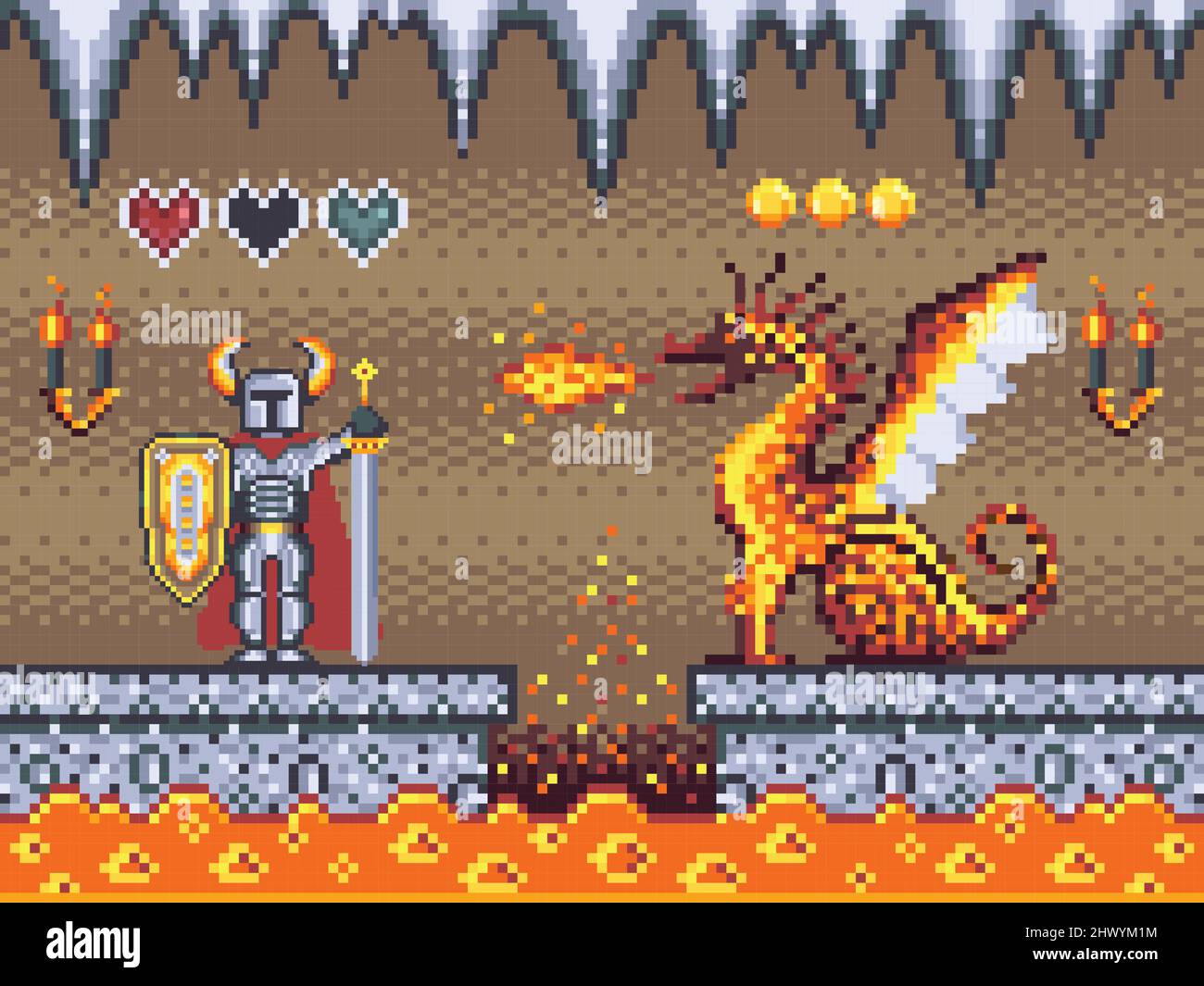 Knight and Dragon on Dungeon Game Location Stock Vector