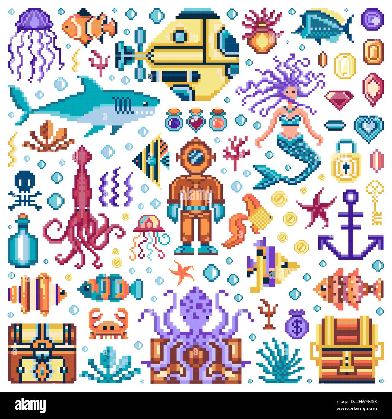 Pixel Underwater World Retro Game Sprites Set Stock Vector