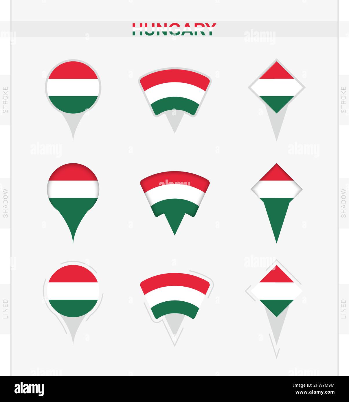 Hungary flag, set of location pin icons of Hungary flag. Vector illustration of national symbols. Stock Vector