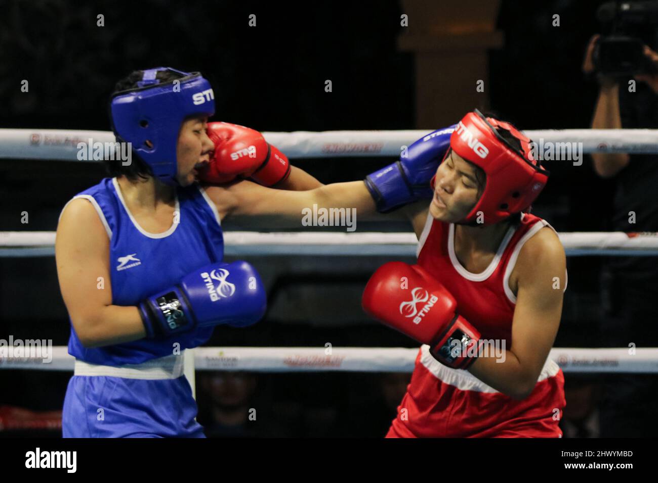 On March 8, 2022 in Kathmandu, Nepal. Women boxer's fight on a boxing ring  during Women's Boxing Championship organized by Boxmandu on the occasion of  112th International Women's Day. (Photo by Abhishek