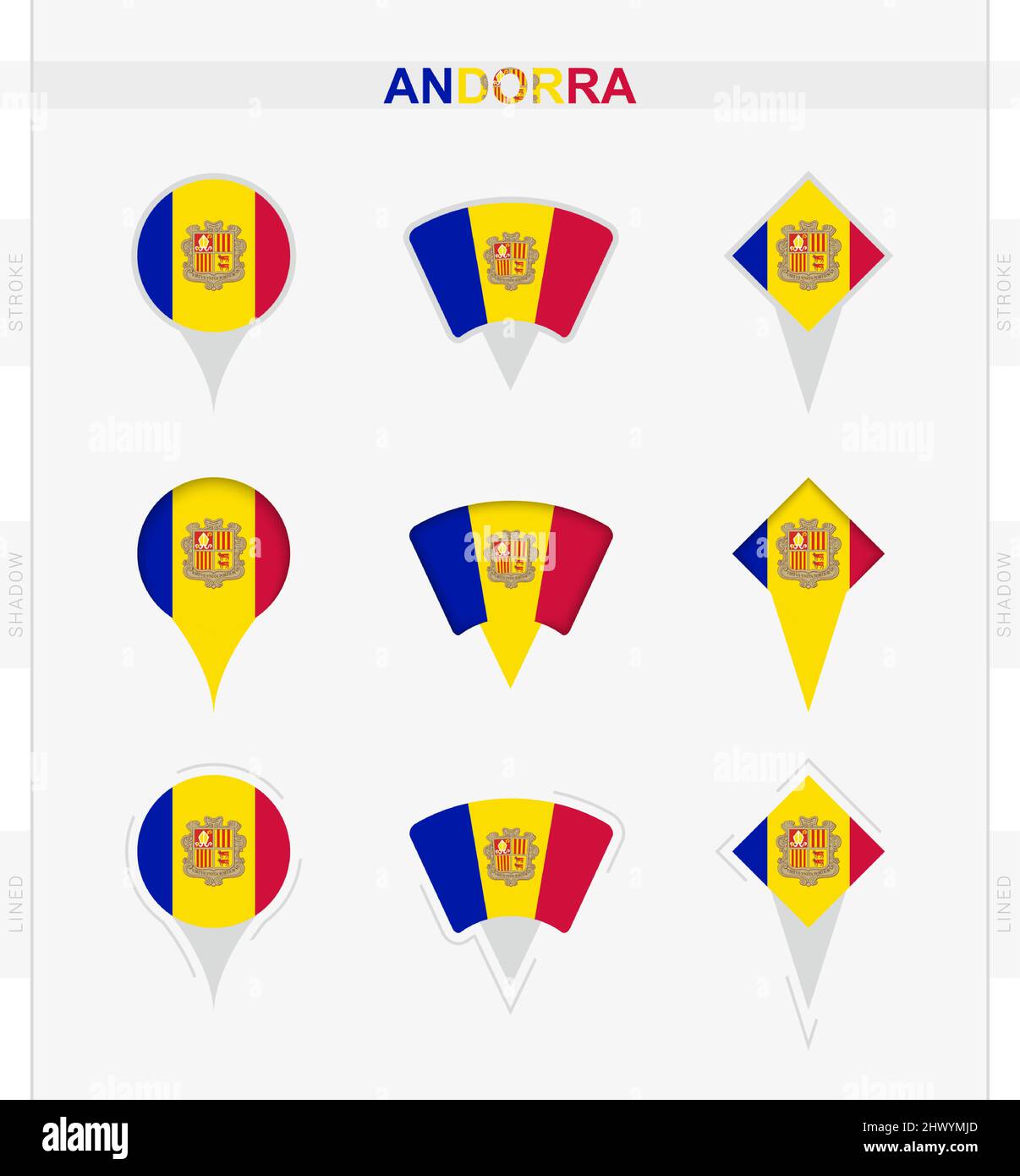 Andorra flag, set of location pin icons of Andorra flag. Vector illustration of national symbols. Stock Vector