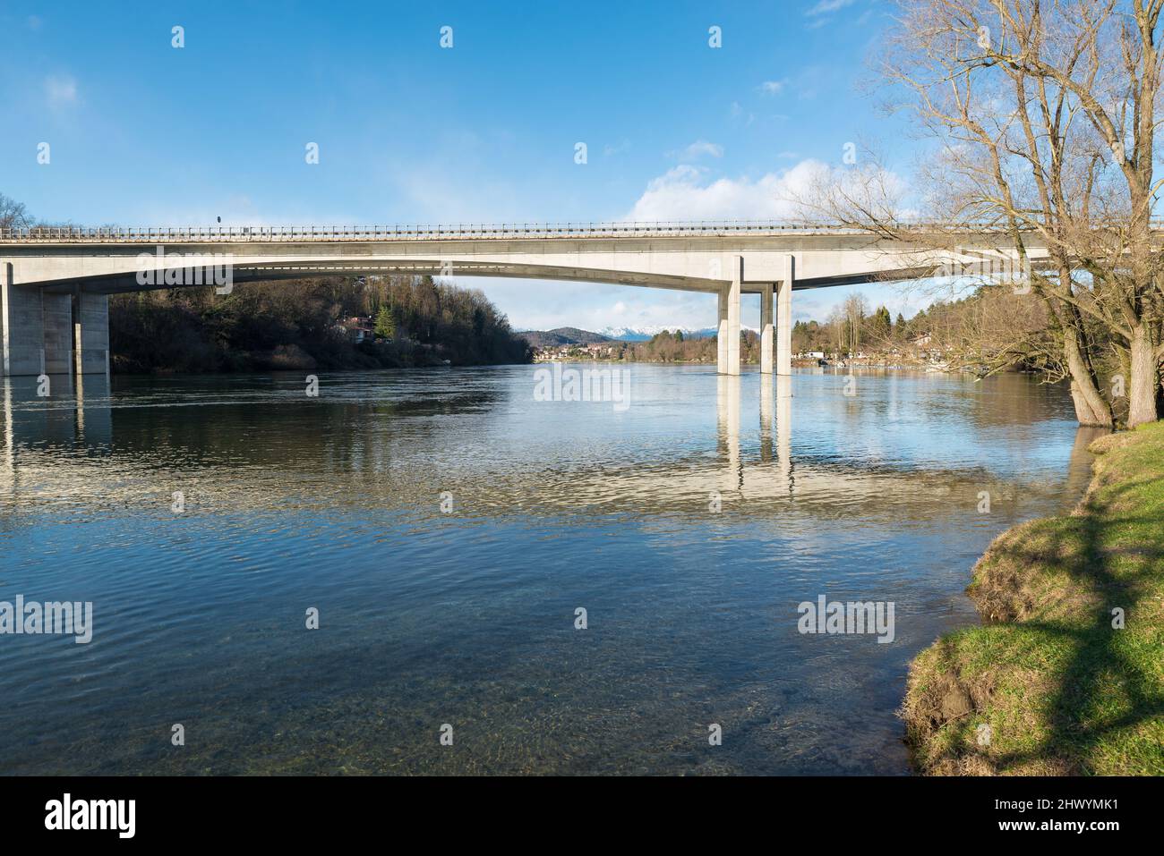 Big Italian river. Ticino river and the motorway bridge (A8 – A26) Stock Photo